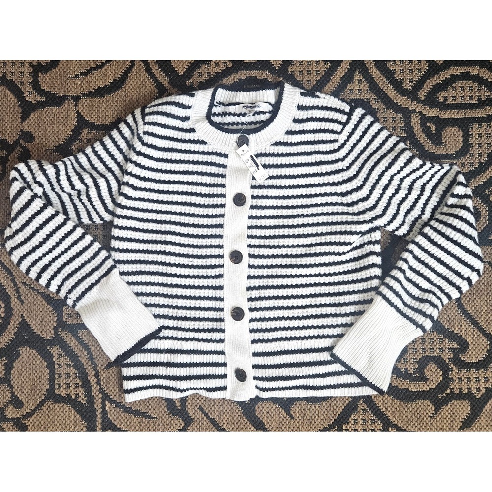 MadewellWaffle-Knit Wool Cardigan in Stripe XXS White/Black NT619 Womens